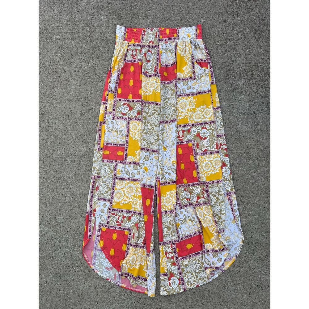 NWT AndTheWhy Pants Women‎ Sz Small Patchwork Wide Leg Side Slit Pull On Pockets